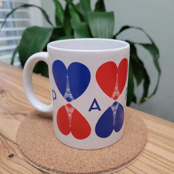 Paris France Eiffel Tower Coffee Mug With Hearts 10 oz Blue Red - Picture 2 of 5